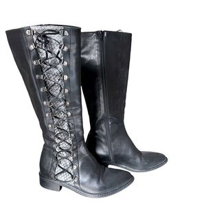 Stelle Monelle Knee High Leather Riding Boot with Side Lace/Snake Print Inserts